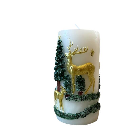 Christmas Pillar Candle Set of 2 Embossed Reindeer & Christmas Pine Trees 6" NEW - Picture 11 of 13